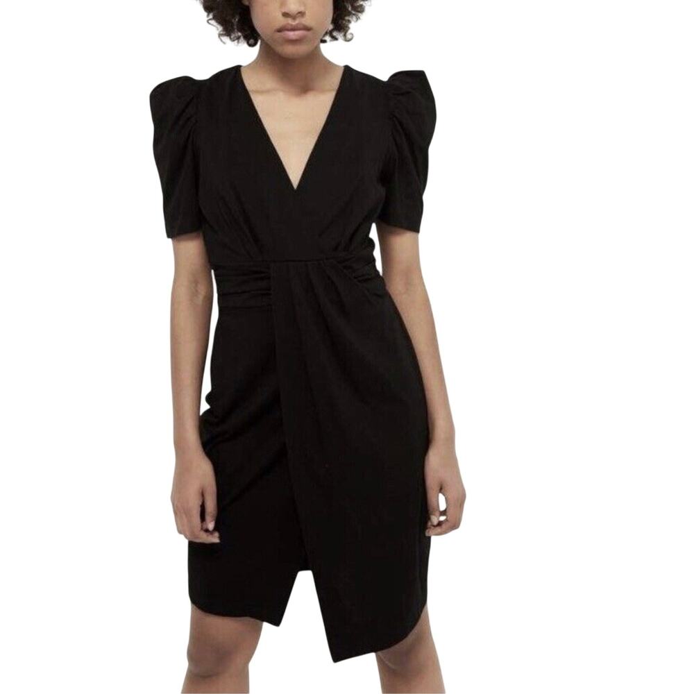 ba&sh Joplin Dress Women 10 Black Jersey Puff Sleeve Wrap V-Neck LBD
